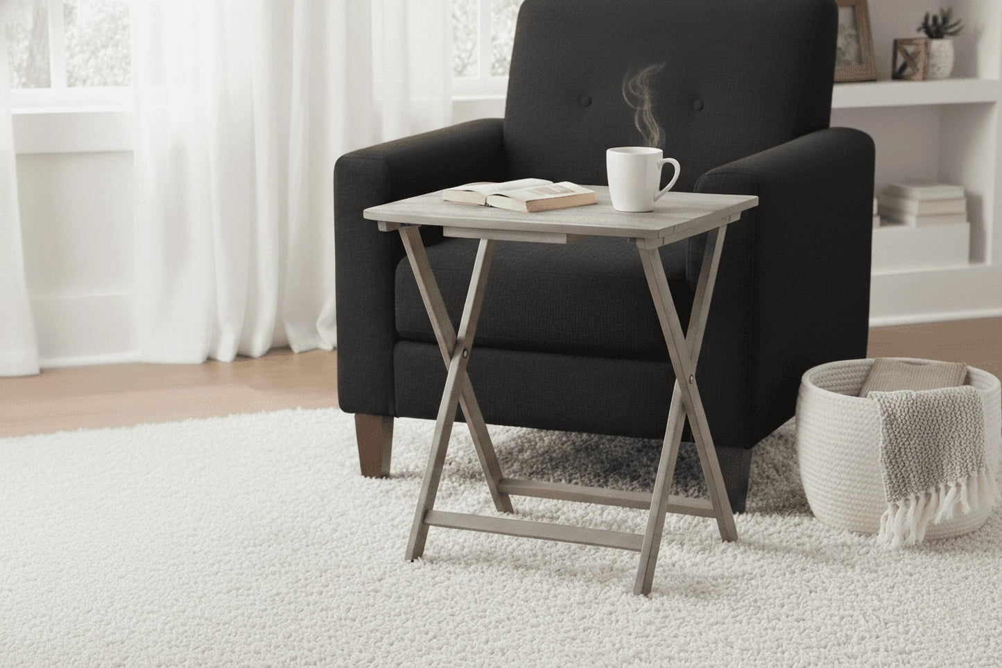Modern Indoor Folding XL Oversized Tray Table in Rustic Gray L23.5 X W18 X H26 Inches.